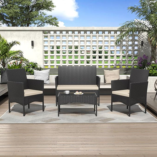 ALAULM 4 Pieces Patio Furnitrue Set Outdoor Patio Conversation Set Wicker Chairs w/Soft Cushions and Glass Coffee Table for Lawn, Backyard, Porch, Poolside-Brown
