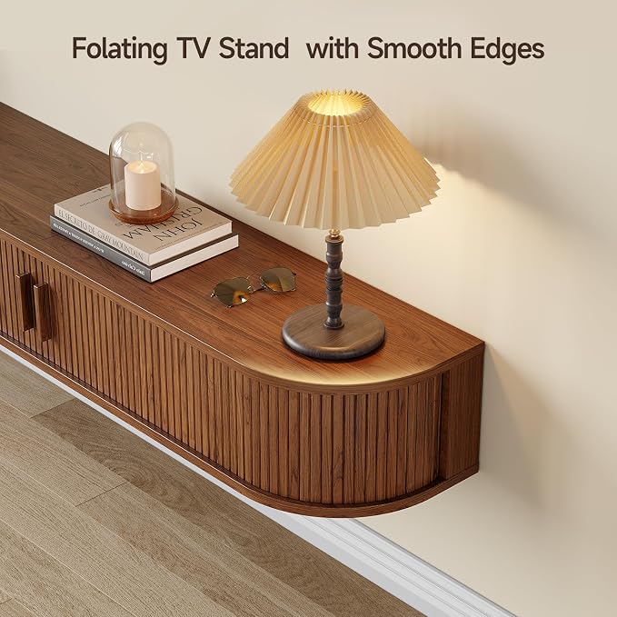 55" Floating TV Stand with Power Outlet for TVs up to 65", Fluted Entertainment Center with Remote Control for LED Lights, Mid-Century Modern TV Console w/Sliding Door for Living Room, Bedroom Walnut - Image 6