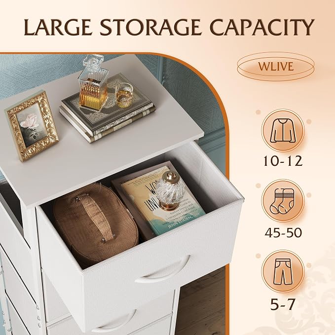 WLIVE Fabric Dresser, 5-Drawer Tall Dressers for Bedroom, Storage Dresser Organizer with Fabric Bins, Wood Top, Sturdy Steel Frame, Chest of Drawers for Closet, Hallway, White - Image 5