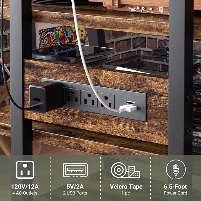 Besiost AV Media Stand with Outlets, Media Console with LED Lights, Stereo Racks and Stands with Storage Shelves, Media Audio Tower Cabinet, Rustic Brown - Image 7