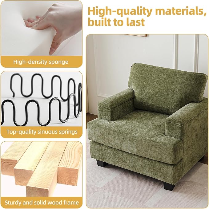 Oversized Accent Chair with Armrest Organizer,Comfy Living Room Chairs with Thick Cushion,Upholstered Modern Armchair,Big Reading Chair,Sofa Chair for Bedroom,Green