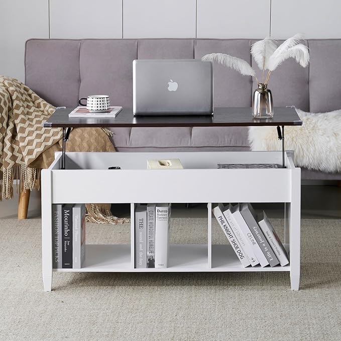VINGLI Farmhouse Lift Top Coffee Table, Rustic Grey with Storage Shelf/Hidden Compartment, Mesa De Centro para Sala, Rustic Brown (White Brown, 40" L)