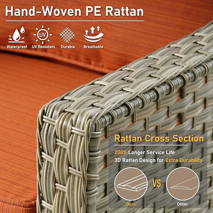 HOOOWOOO 6 Piece Patio Furniture Sets with Fire Pit Table,Outdoor Wicker Furniture Set,All Weather Resistant Outside High Back Rattan Conversation Set for Out Door(Orange Red)