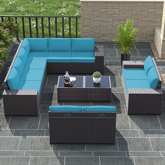 12 PCS Outdoor Patio Furniture Set,Outdoor Sectional Furniture All Weather PE Rattan Wicker Patio Conversation Set with 2 Coffee Tables and 10 Thickened Cushions,Turquoise Blue