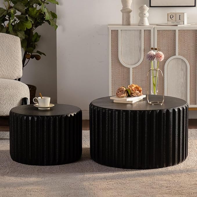 kevinplus 46.46'' White Round Coffee Table Set of 2, Modern Circle Fluted Drum Nesting Elegnant Coffee Table for Living Room, No Assembly, Black