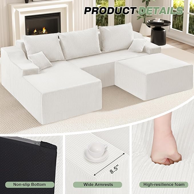 HABUTWAY 94“ U Shaped Modular Sectional Couch for Living Room, Modular Cloud Sofa with Ottoman, No Assembly Boneless Couches with Deep Seat, Corduroy Fabric (Beige, Left Facing) | Cloud Sofa, With Ottoman, No Assembly, Boneless, Deep Seat, Corduroy Fabric