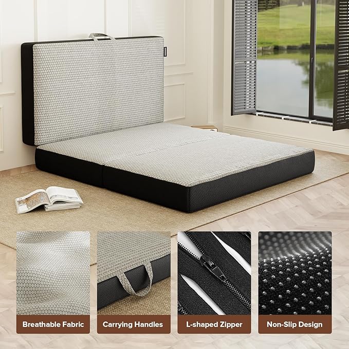 ROXGOX Memory Foam Trifold Mattress - King Portable Floor Bed 6 Inch, Foldable Mat with Washable Cover, Handle & Non-Slip Bottom, for RV, Travel, Camping, Yoga, 80"x76"x6"