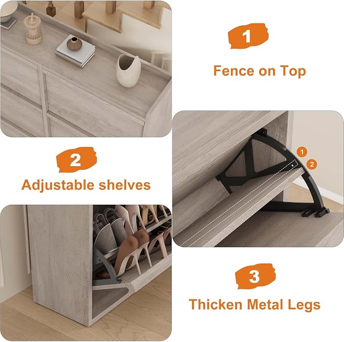 GarveeHome Shoe Cabinet with 6 Flip Drawers, Wooden Shoe Organizer Cabinet with Adjustable Shelf, Shoe Storage for Entryway, Hidden Shoe Cabinet for Hallway, Living Room, Grey - Image 6