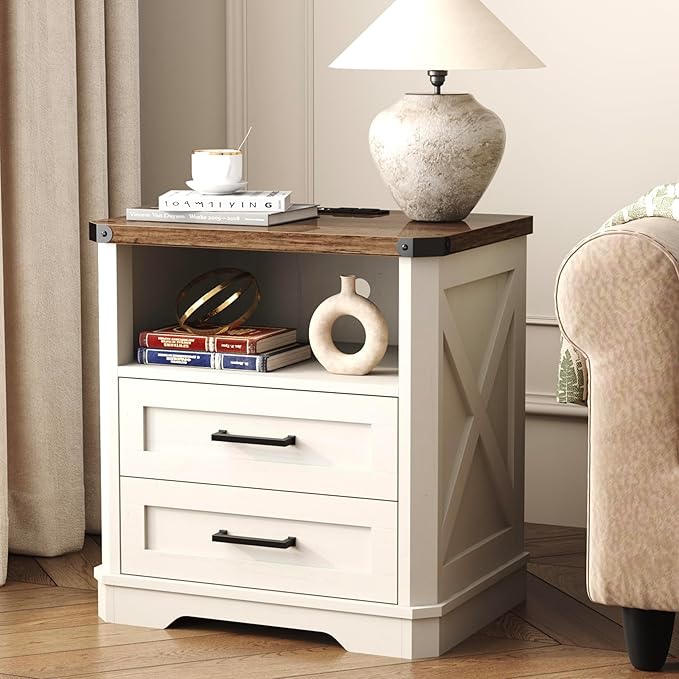 Yusong 23.62” Tall Farmhouse Nightstand, Rustic Wooden Night Stand with Charging Station, Beside Table with Drawers and Open Storage, End Tables for Bedroom, White - Image 3
