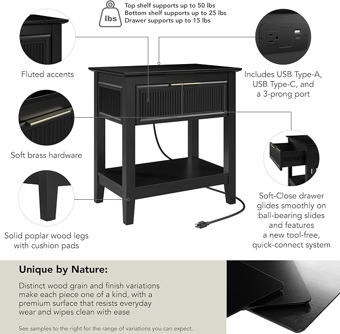 Bush Home Fluted Nightstand with Drawer, Bedroom Furniture, Camille Collection, Onyx Birch Black - Image 8