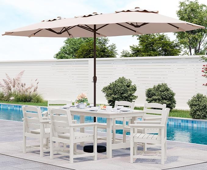 SERWALL 8-Piece Patio Dining Sets with 15FT Double Side Patio Umbrella, Outdoor HDPE Dining Furniture Set with Umbrella Hole Cut-Out Table and 6 Chairs, White（Umbreall Base not Included） by SERWALL