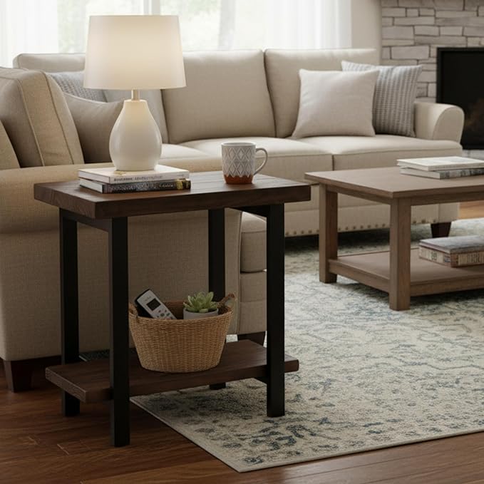Alaterre Furniture Pomona Living Room Tables – 2-Tier Solid Wood End Table with Natural Finish and Metal Legs – Modern Farmhouse Accent or Home Décor (Rustic Brown)