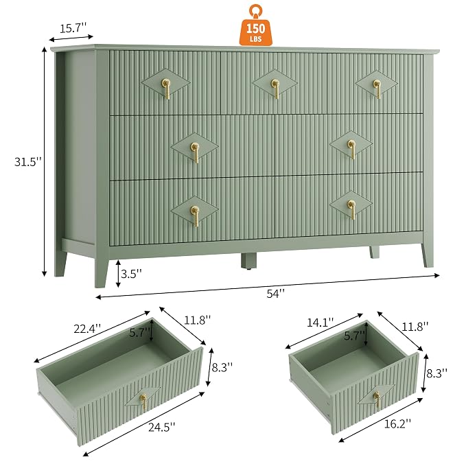 GarveeHome Fluted Dresser for Bedroom, 54 in Wide 7-Drawer Wood Dresser, Modern Chest of Drawers, Storage Organizer Cabinet for Living Room, Hallway, Entryway, Green - Image 2