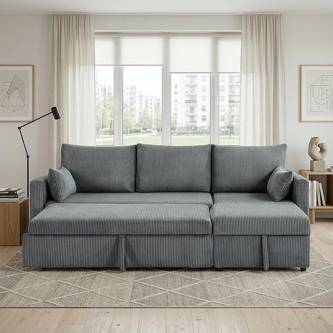 Casaphoria 85" Corduroy Sleeper Sofa with Pull Out Bed & Storage Chaise, L-Shaped Sectional Couch for Small Apartment, Living Room & Guest Room, 3-Seat Convertible Sofa Bed, Dark Gray