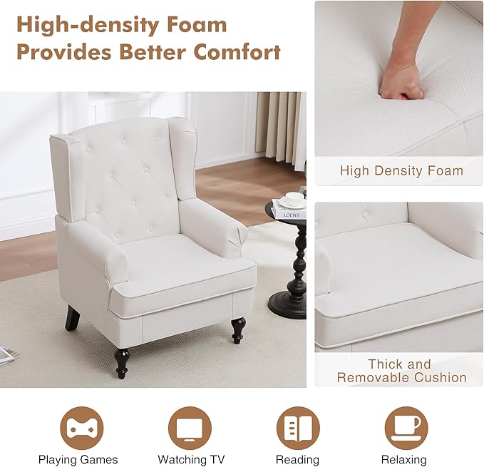 Accent Chair for Living Room, Mid Century Modern Upholstered Armchair, Wingback Chair with Tufted High Back and Solid Legs, Comfy Side Chairs Single Sofa for Bedroom, Beige
