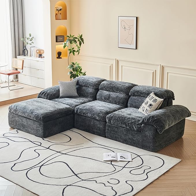 115.7" L Shaped Modular Sectional Sofa with Ottoman, Cloud Boneless Couch, Upholstered Sofa in a Box, Flexible Module Combination for Living Room, No Assembly, Grey