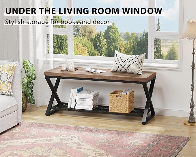 LVB Entryway Shoe Bench with Storage, 39” Entryway Bench for Foyer Hallway, Farmhouse Wood and Metal Indoor Bench for Entrance, Shoe Rack Storage Bench with Sitting for Living Room, Rustic Oak, 39 in - Image 8