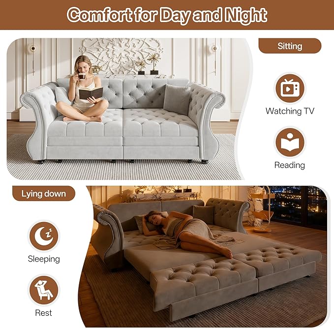 Eafurn Oversized 3-Seater Chesterfield Loveseat Convertible Queen Size Sleeper Couch Bed,Classic Tufted Velvet Pull Out Loveseat Sofa Bed with Roll Armrest and Solid Wood Legs