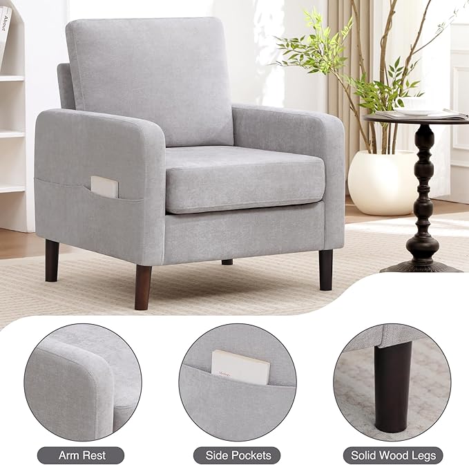Accent Chair for Living Room, Modern Reading Chair for Bedroom, Upholstered Armchair with Wood Legs and Side Pockets, Single Sofa Side Chair for Office, Small Room, Apartment, Light Grey