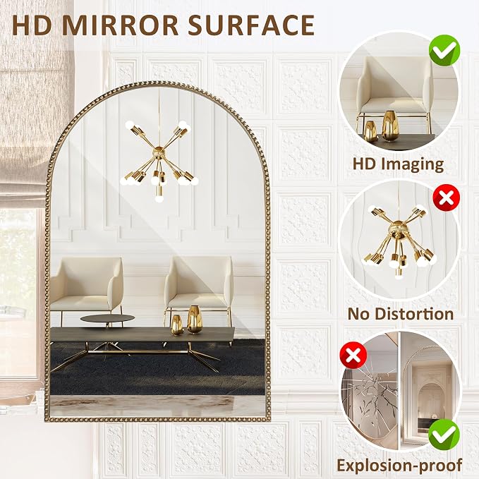Antique Gold 24"x36" Arched Wall Mirror with Metal Beaded Frame - Decorative Accent Wall Mirror for Bathroom, Bedroom, Living Room, Entryway - Image 6