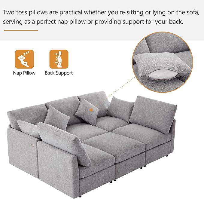 Eafurn 6 Seater Reversible Modular Sectional Sofa Convertible Sleeper Couch Bed, Free Combination Chenille Upholstered Corner Sofa Couches with USB Ports and Detachable Cushions (Light Gray)