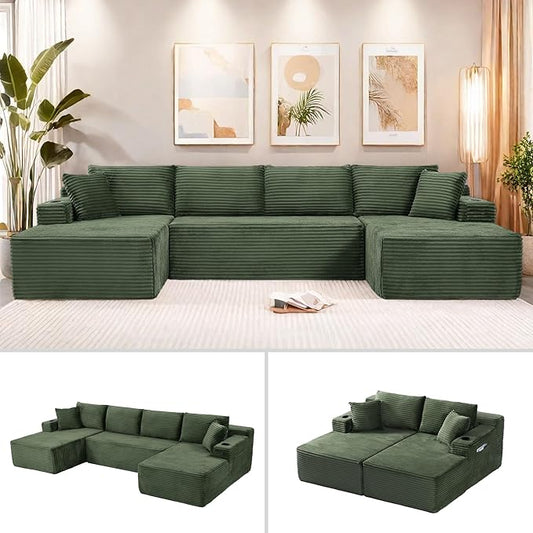 133.5" U Shaped Couch, Modular Sectional Sofa with Chaise, Corduroy U Shaped Boneless Couch with Deep Seat, Upholstered Modular Cloud Sofa for Living Room, No Assembly Required, Green