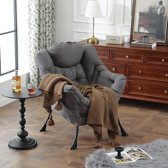 Furlide Lazy Chair for Living Room, Modern Accent Chairs with Armrests, Dark Grey Armchairs with Side Pocket, Cozy Lazy Sofa for Reading, Balcony, Bedroom, Dorm, Small Spaces
