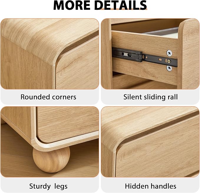 Small Night Stand Set of 2, Mid Century Modern Nightstands with 2 Drawers and Solid Wood Legs, 2 Drawer Dresser Curved Profile Design End Table Side Table for Small Space, Dorm, Bedroom(Natural) - Image 7