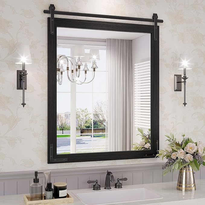 Farmhouse Bathroom Mirror, 28x36 Inch Black Vanity Mirror for Wall, Wood Framed Rustic Mirror Rectangular Wall Decor Mirrors for Entryway Living Room Bedroom by JIINGYO