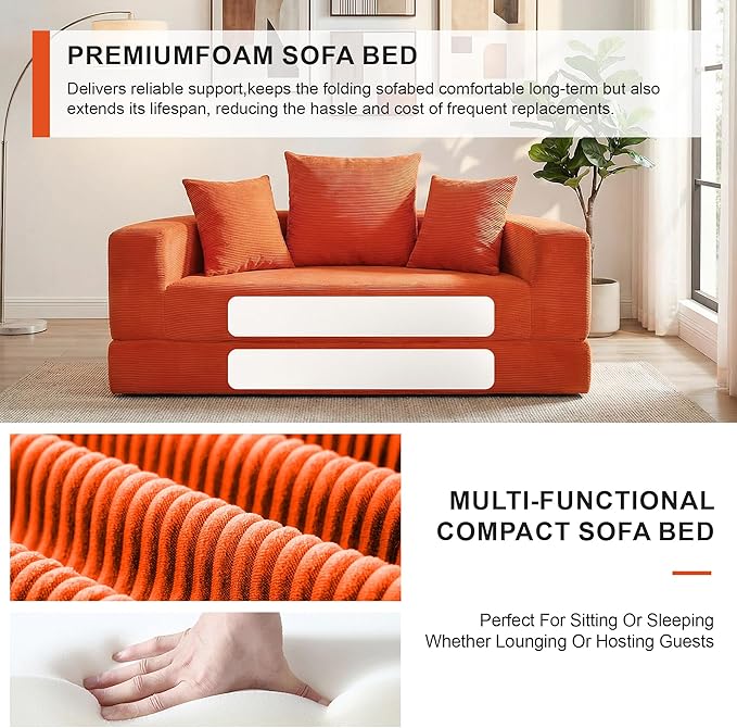 Casaphoria Convertible Sofa Bed,67'' Fold Out Sleeper Sofa with Pillows for Small Space,Multi-Functional Futon Couch for Living Room,Apartment,Guest Room(Orange)