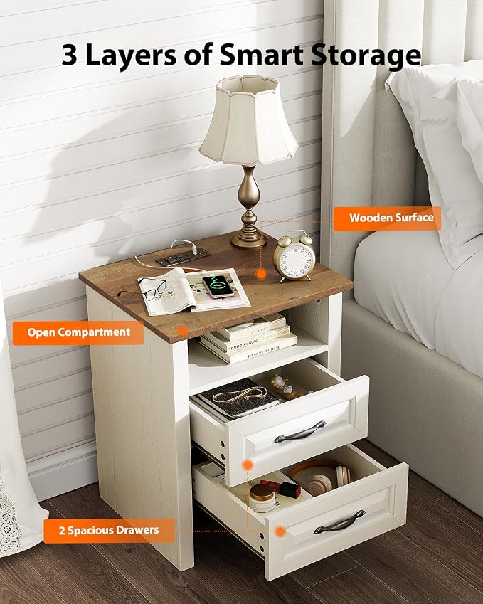Pipishell Night Stand Set 2 with Charging Station, Farmhouse Bedside Table with 2 Drawers and Open Storage, Rustic End Table with AC Outlets & Type-C Ports for Bedroom, White & Brown, 2 Pack - Image 4