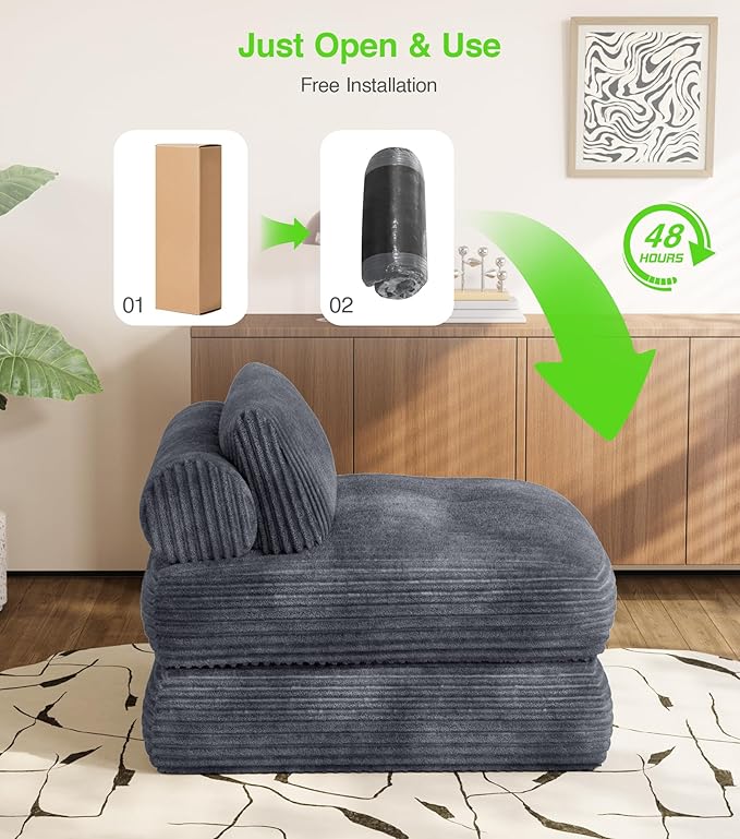 Plush Corduroy Folding Sofa Bed, Free Setup Floor Beds, 34" Boneless Couch for Small Spaces, Corner Chair, Convertible Sleeper Chair, Corner Couch, Foldable Sleeper Sofa Beds, Cloud Grey