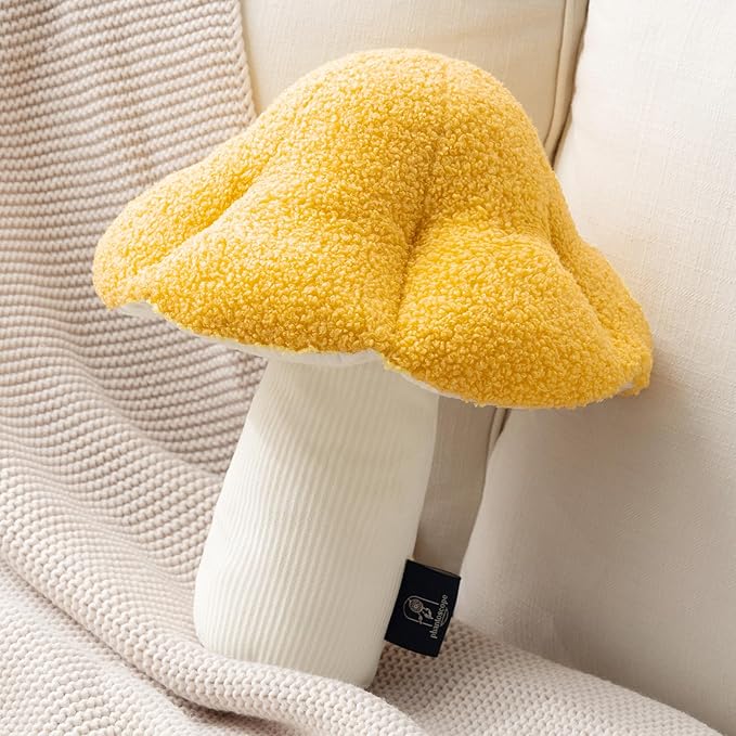 Phantoscope Mushroom Shaped Throw Pillow, Teddy Fleece Soft Mushroom Decorative Pillows Cute 3D Shaped Cushion for Couch Sofa Bed Chair, Yellow,13 x 12 inches