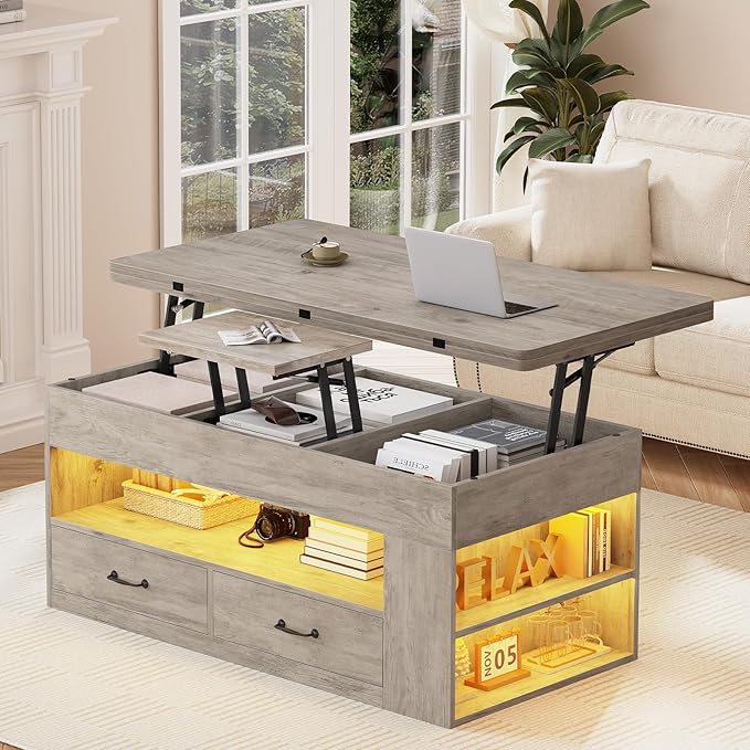 Itaar Lift Top Coffee Table, 4 in 1 Coffee Tables with Storage and Hidden Compartment, Farmhouse Coffee Table with 2 Fabric Drawers & LED Light for Living Room, Grey Oak