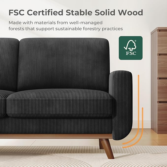 68" Black Corduroy Loveseat Sofa, Comfy Deep Seat Couch with Spring Cushion & Solid Wood Frame, Modern 2-Seater Sofa for Living Room Bedroom Office