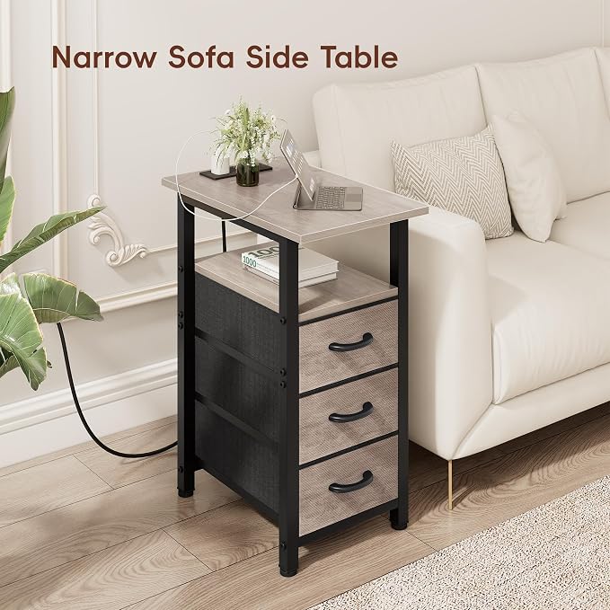 Vagusicc Night Stand with Charging Station, Narrow Nightstand with U-S-B Ports and Outlets, End Table with 3 Fabric Storage Drawers, Small Bedside Table, Greige - Image 9