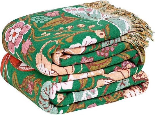 LUTBM Boho Throw Blanket for Couch Sofa Chair Cotton Spring Blankets for Bedroom Living Room All Season Lightweight Reversible Butterflies Embroidery Throws 50"x60"