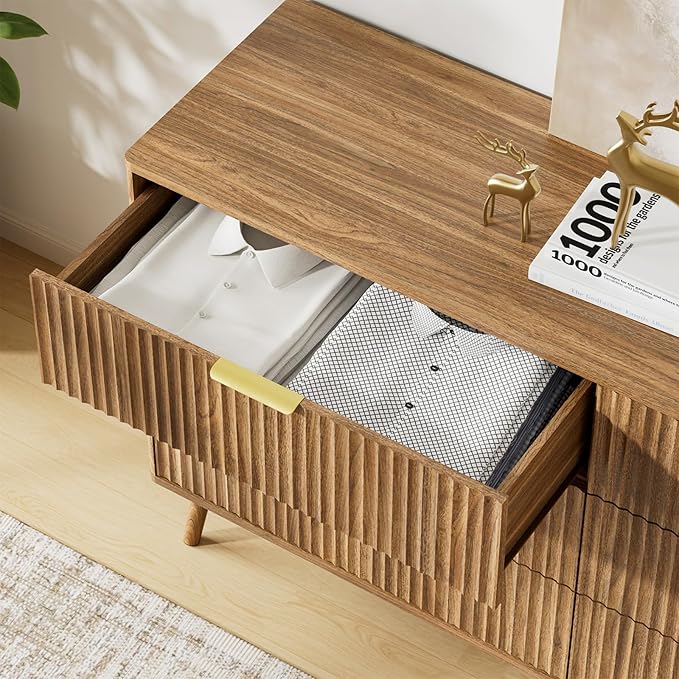 LYNSOM Fluted Dresser and Nightstand Set, 3 Pieces Bedroom Set, 55 Inch Wide 6-Drawer Dresser & 2-Drawer Nightstands Set of 2, Modern Dressers Set for Bedroom, Walnut