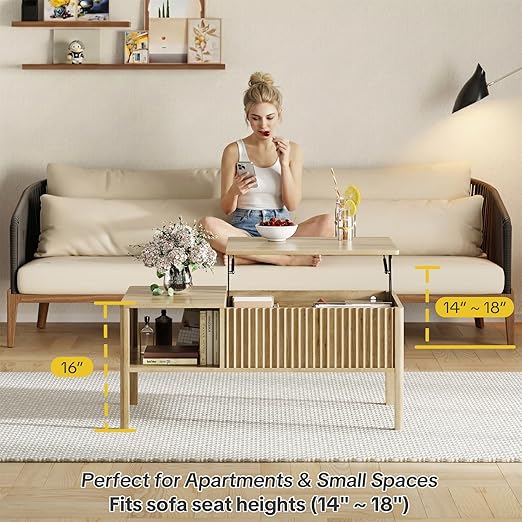 Fluted Lift Top Coffee Table with Hidden & Open Storage, Rectangle Modern Coffee Table for Living Room, Smooth Hydraulic Lift, Large Capacity, Safe Round Corner Easy to Clean, Vertical Grain-Natural