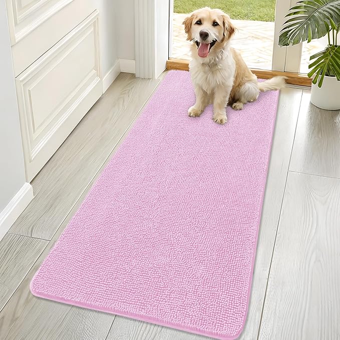 OLANLY Dog Door Mat for Muddy Paws 70x32, Absorbs Moisture and Dirt, Absorbent Non-Slip Washable Doormat, Quick Dry Chenille Mud Mat for Dogs, Entry Indoor Entryway Carpet for Inside Floor, Pink by OLANLY