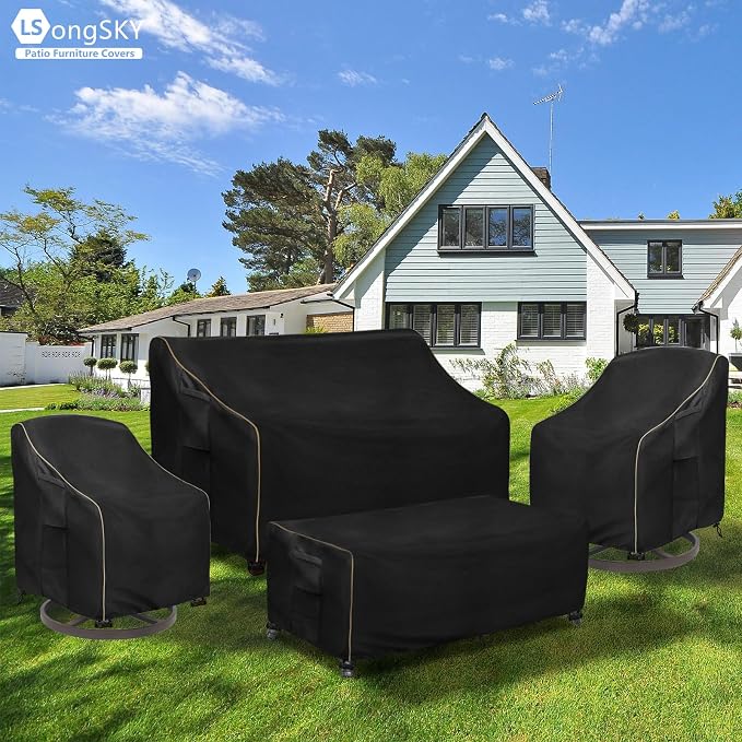Patio Furniture Covers 4 Piece Set, 600D Heavy Duty Outdoor Furniture Covers Waterproof for Patio 3-Seater Sofa,Swivel Rocker Chair and Coffee Table Furniture Set,Black - Image 7