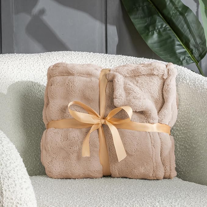 Brown Faux Fur Throw Blanket for Couch, Soft Fluffy Bubble Blanket for Bed Sofa, Thick Warm Plush Fuzzy Rabbit Fur Blanket for Neutral Home Decor, 50"X 60"