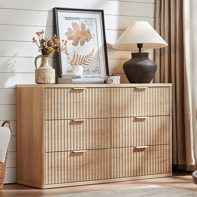 LEYAOYAO Fluted 6 Drawers Dresser for Bedroom, 48" Wide Modern Chest of Drawers with Metal Handle, Natural Curved Profile Farmhouse Closet Organizer Wood Dressers TV Stand for Living Room, Hallway by LEYAOYAO-Findtheshiningpointofyourideallife%EF%BC%81