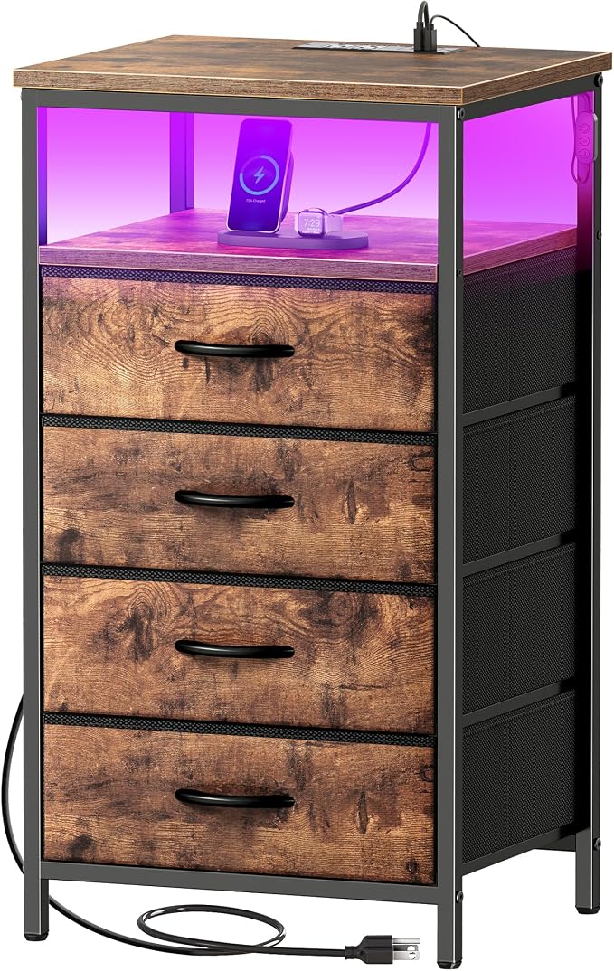 Huuger Night Stand with Charger Station and LED Lights, 4 Drawer Nightstand, Bed Side Table with Open Shelf, End Table, Fabric Dresser for Bedroom, Rustic Brown by Huuger