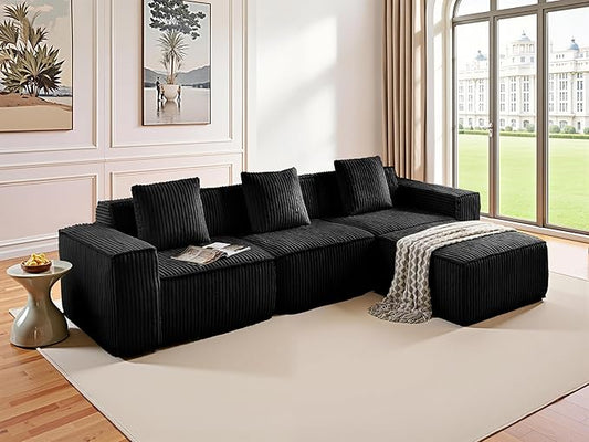 L-Shaped Corner Corduroy Sectional Sofa 4 Seat Modular Boneless Sofa Foam Cloud Couch with Movable Ottoman and Toss Pillows,Modern Deep Seat Convertible Chaise Sofa