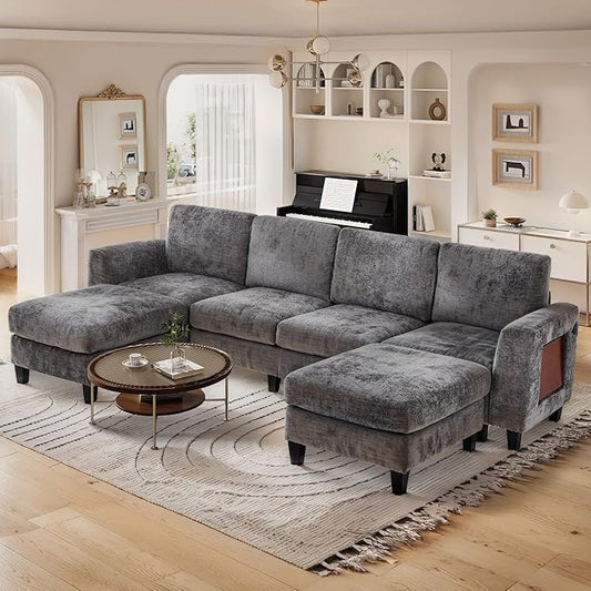 118" Sectional U-Shaped Cloud Couch, Modular Modern 4-Seat Sofa, with USB Type C Ports, Foldable Side Table and 2 Ottomans, for Home Living Room, Grey