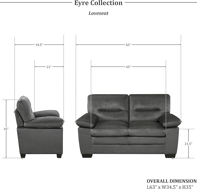 Lexicon 63" Sofa, Comfy Modern Sofa with Pillow-Top Arms, Couch for Living Room Apartment Lounge, Solid and Easy to Assemble, 2-Seater Couch, Dark Gray