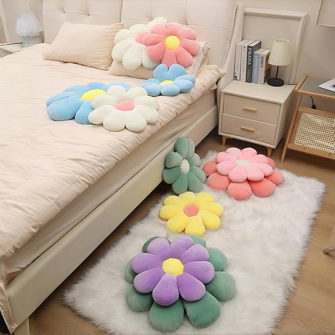 2 Pcs Flower Pillow Decorative Throw Pillows for Bed Couch Sofa Chair, 15.35" Cute Aesthetic Daisy Shaped Throw Pillows Floor Cushions for Bedroom Room Dorm Classroom (White, Orange Pink, 15.35 Inch)