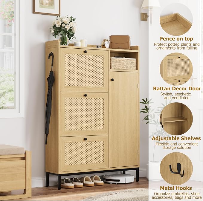 GarveeHome Shoe Cabinet Rattan with 3 Flip Drawers and 4-Tier Shoe Storage Cabinet, Freestanding Shoe Organizer with Adjustable Shelves for Entryway, Closet, Hallway (Light Oak) - Image 3