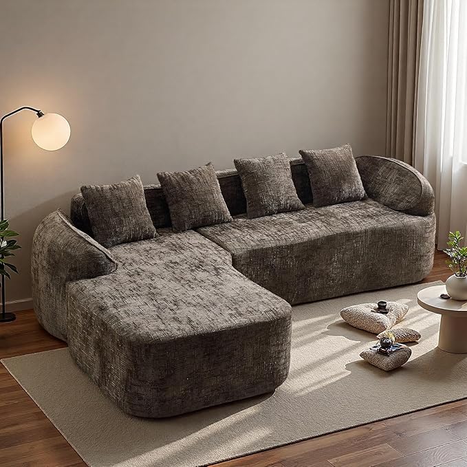 L Shaped Compression Sofa, Modular Couch with Curved Armrests & 4 Coordinating Pillows, Modern 101'' Chenille 4 Seater Sofa with Wide Seat for Living Room, Bedroom, No Assembly, Brown